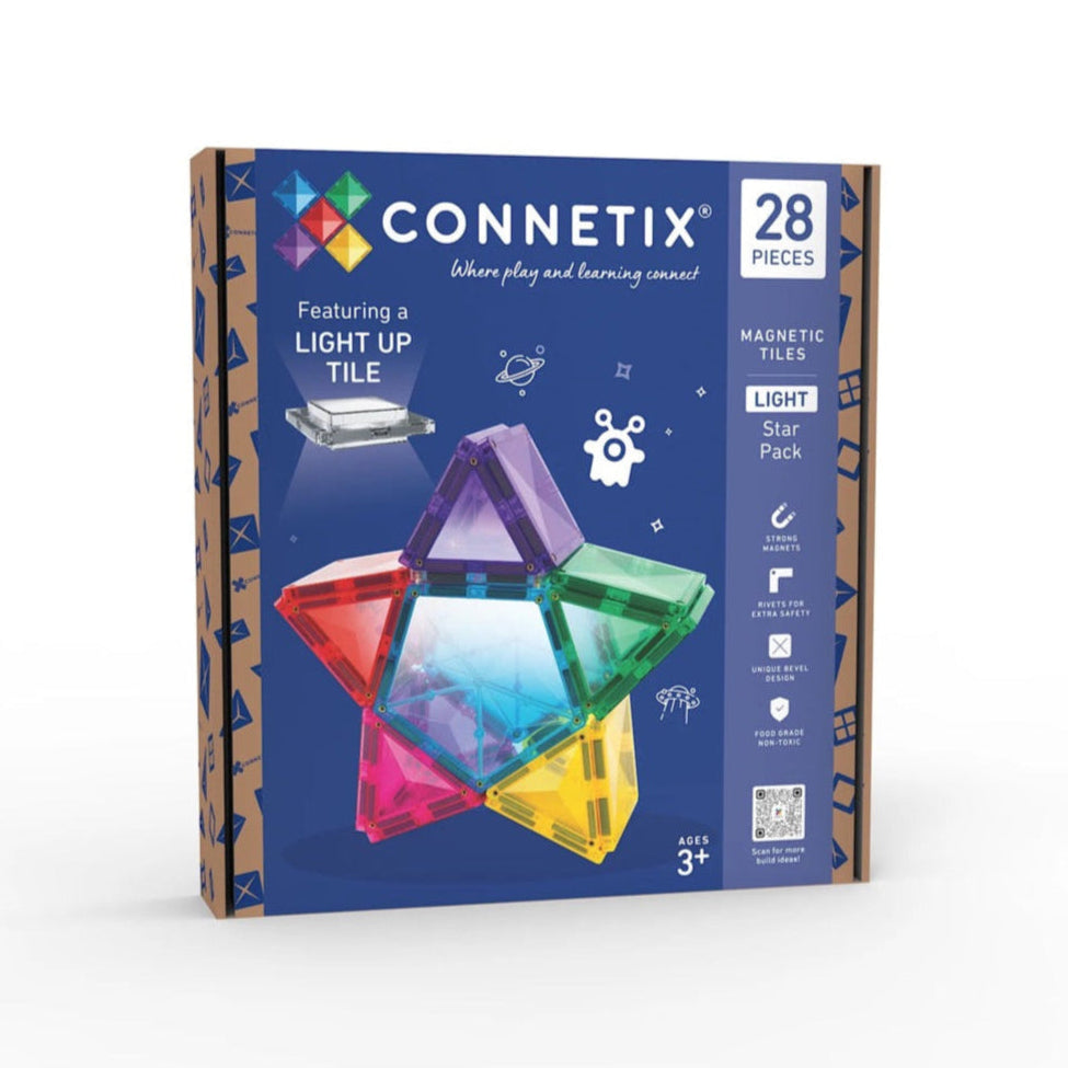 CONNETIX - Magnetic Tiles Light Star Pack 28 pc
Connetix magnetic tiles packaging with colorful star-shaped tiles on a blue background