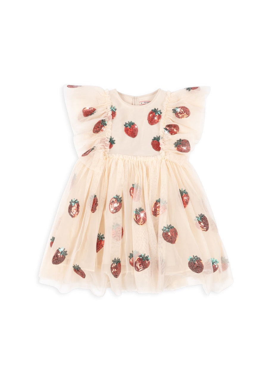 A tulle dress with short puff sleeves designed with a V-back, strawberry print, and sequin embroidery.