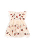 A tulle dress with short puff sleeves designed with a V-back, strawberry print, and sequin embroidery.