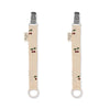 Two pacifier straps with cherry designs on a beige background, each strap has metal clips at the ends.