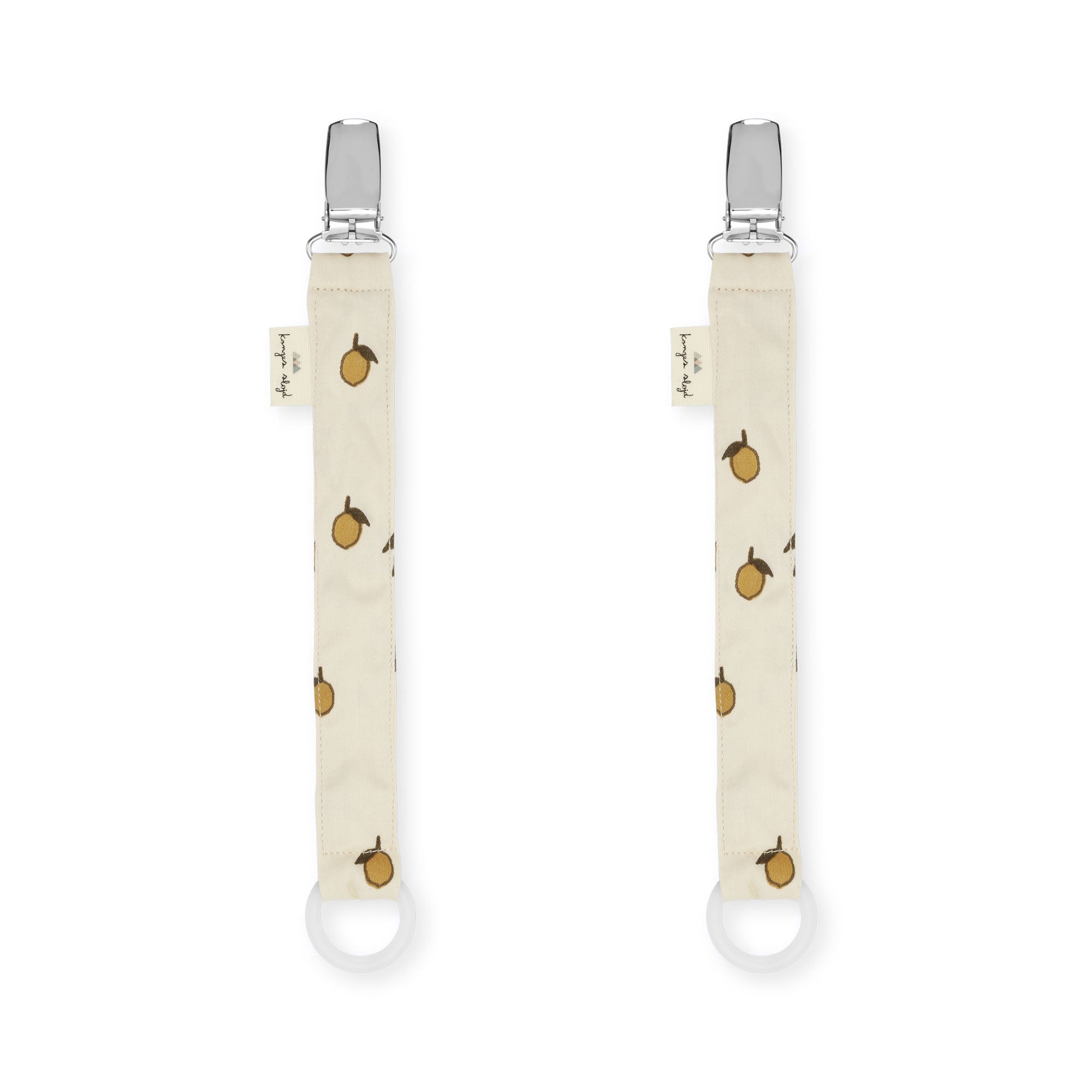 Two pacifier clips with a lemon pattern on a white background
