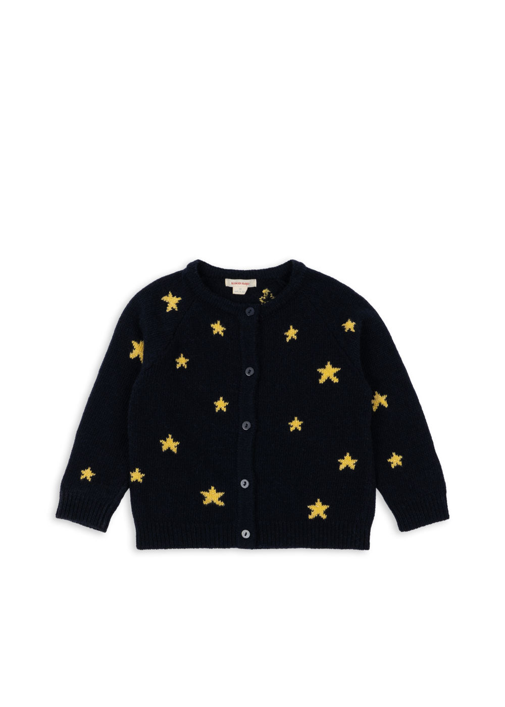 A black knit cardigan with white stars and a round collar, featuring rib hems and mother of pearl buttons.