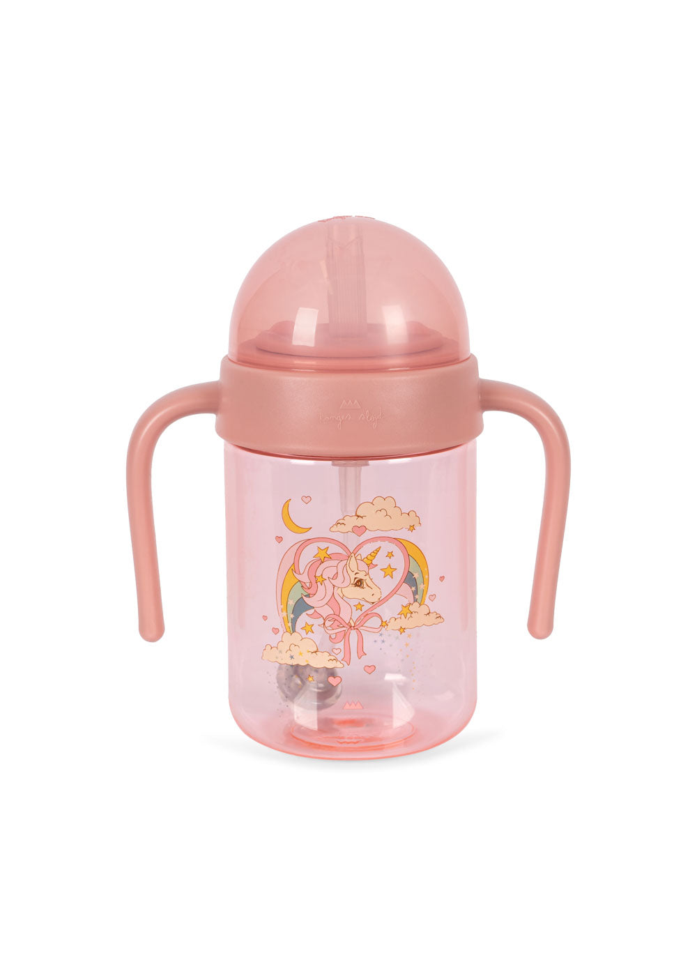 A pink baby bottle with a handle and a straw, featuring decorative horn stars on the side.