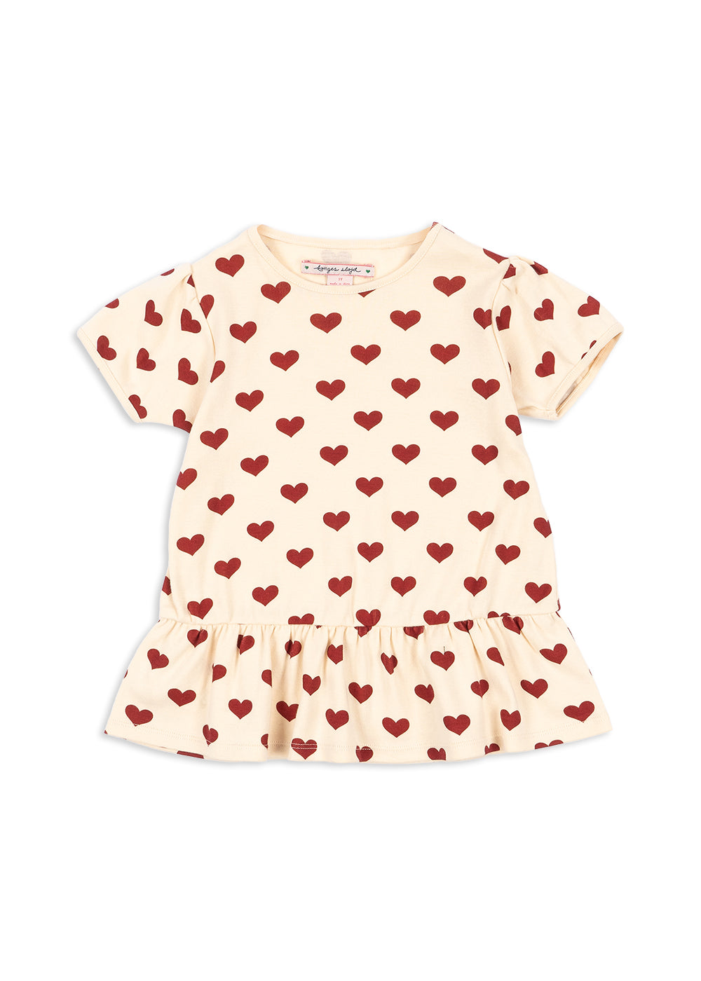 A short-sleeved beige t-shirt with a red heart pattern and rib detailing around the neck and hem.
Konges Sløjd - Classic Tee - Amour Rouge heart
