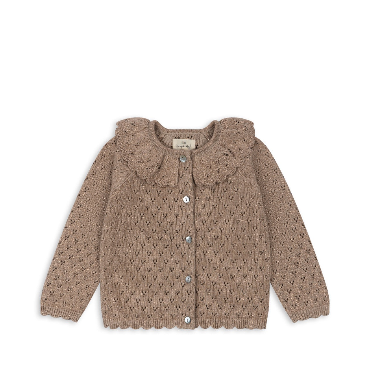 A knitted cardigan with a rounded collar and hole knit pattern in creme color.
