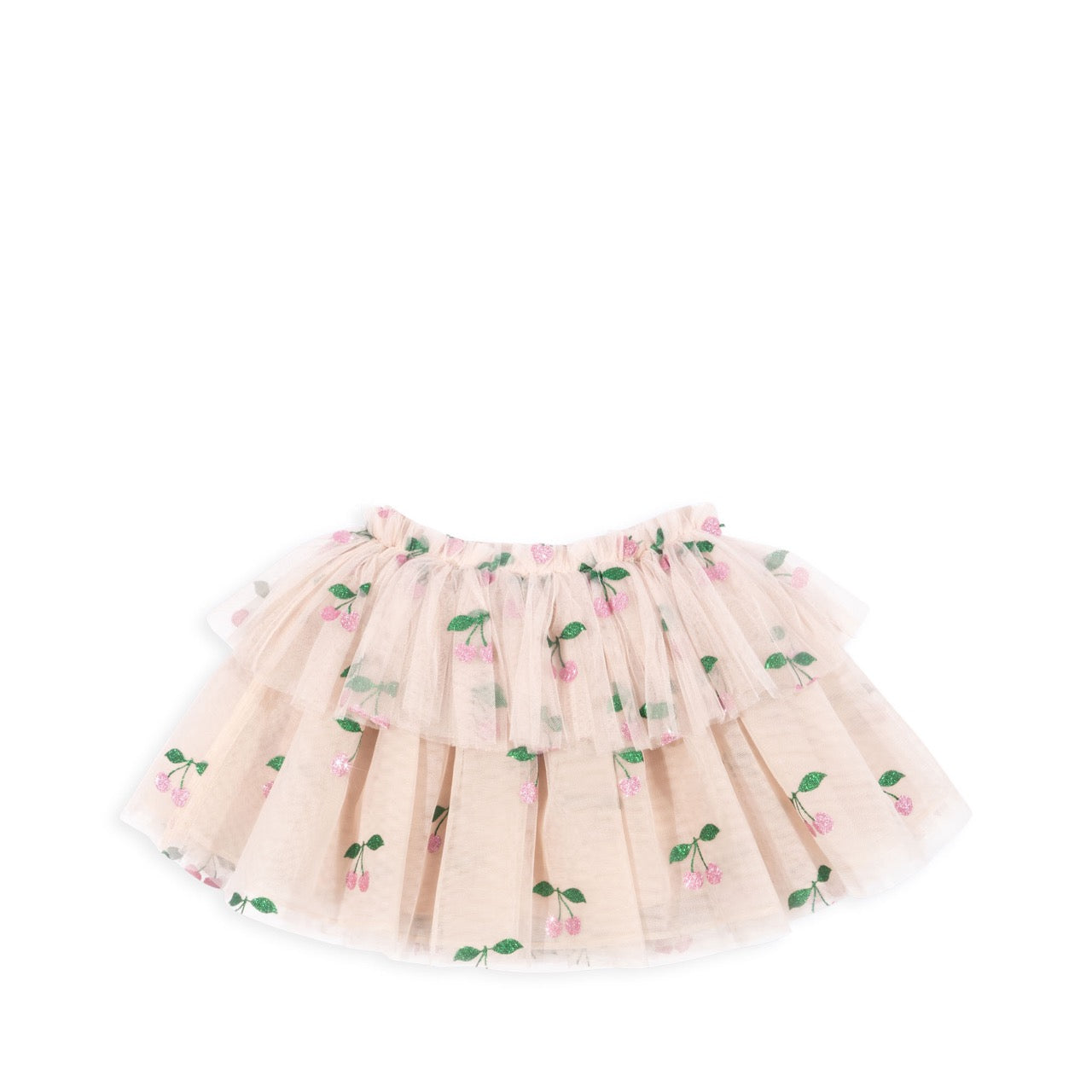 A tiered pink glitter skirt with elastic waist and small green leaves pattern.
