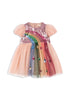 A toddler's dress featuring layers of tulle with a sequin and rainbow pattern, along with puffy sleeves, in a palette of evening sand colors.