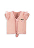 A powder pink swim vest for toddlers with tulle frills over the shoulders and a front zipper. The vest features a graphic of a cherry and a caterpillar.