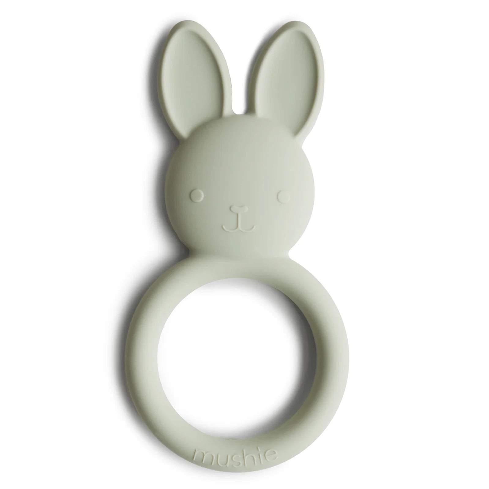 A green silicone bunny teether with a ring handle, designed for baby's sensory play.