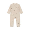 Beige baby onesie with small patterns on a white background