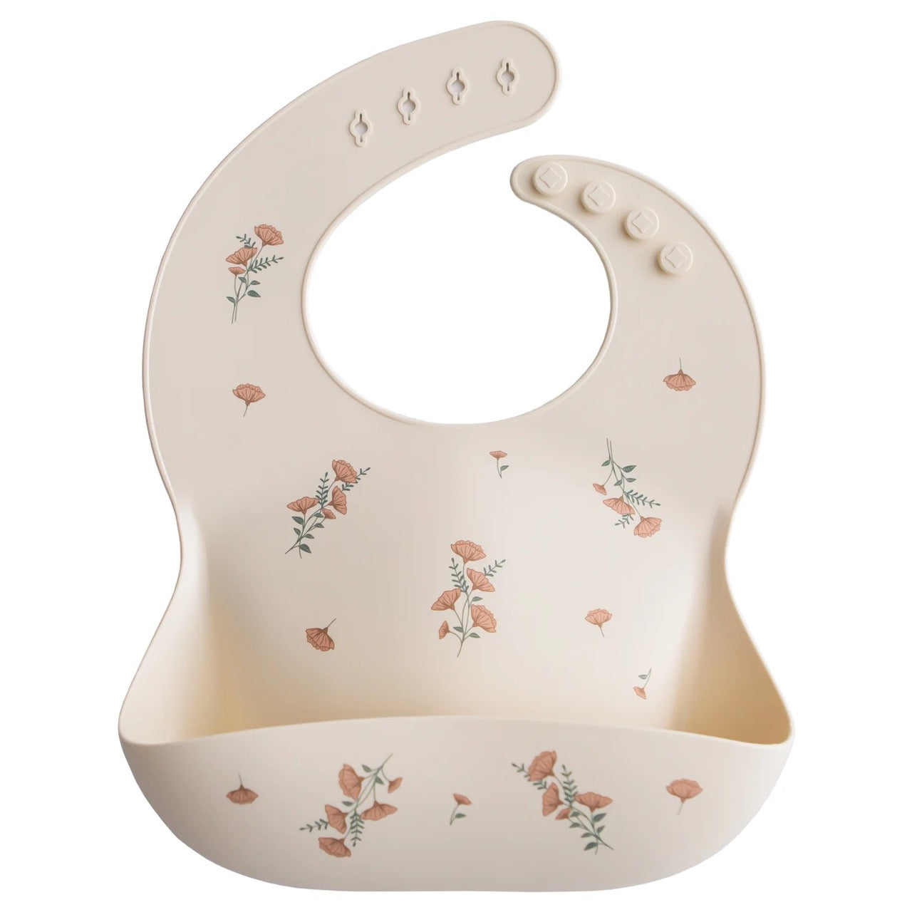 A silicone baby bib in pink with a floral pattern, featuring adjustable neck fasteners and a deep front pocket.